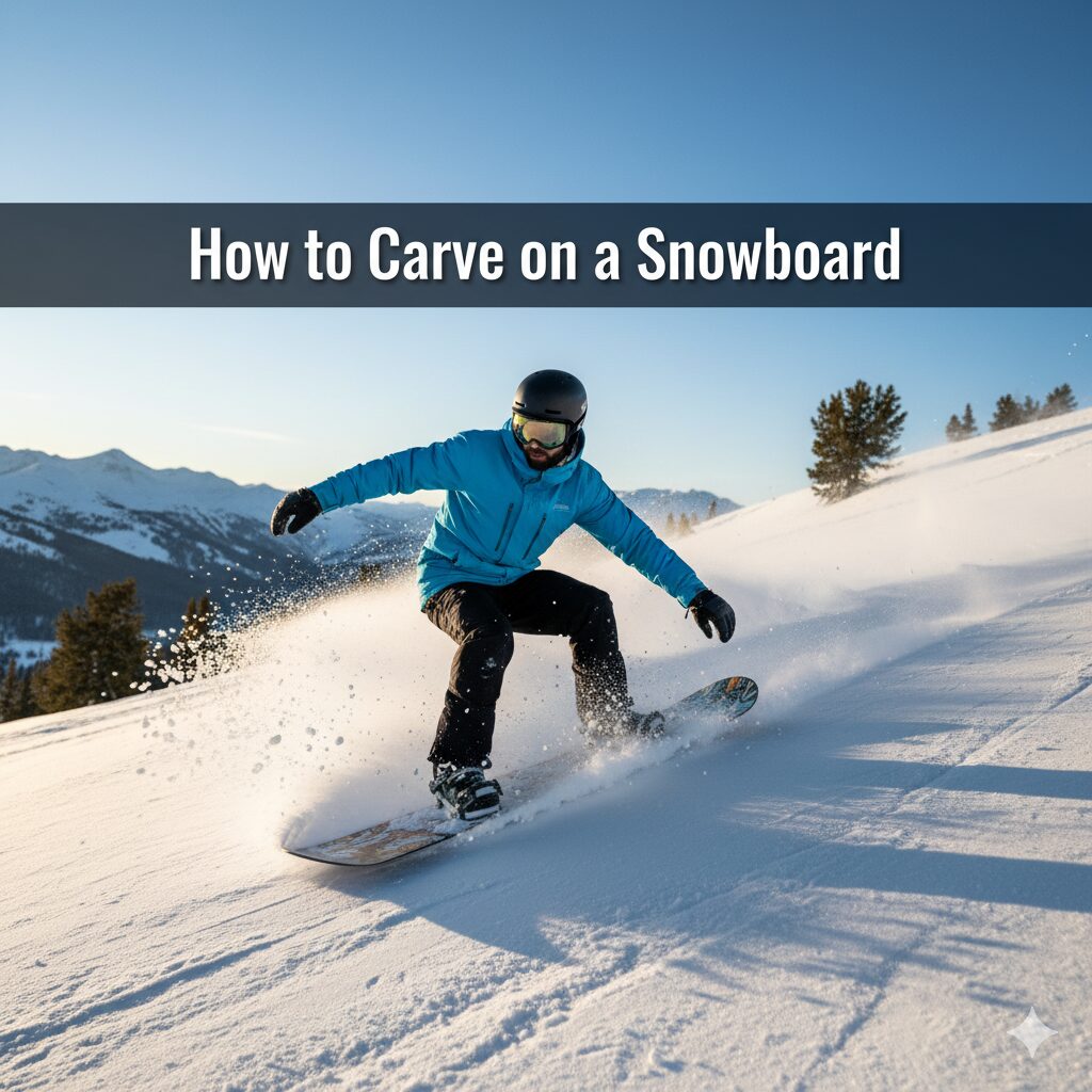 Snowboarder executing a deep carve on a groomed slope.