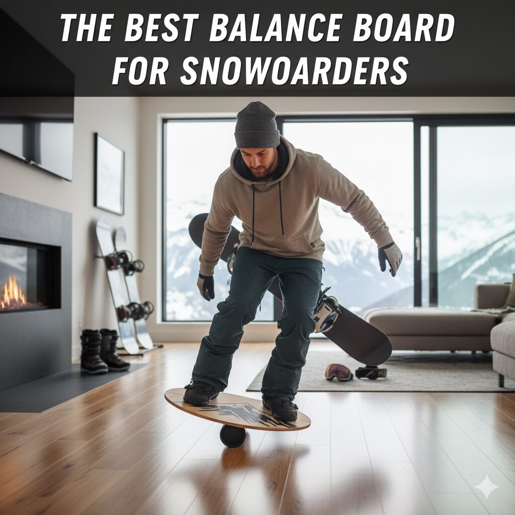 Snowboarder balancing on a roller-style balance board in a low, athletic stance.