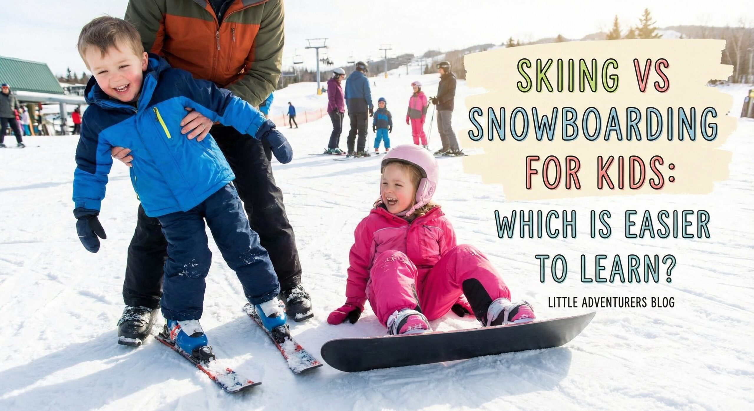 Two kids on a snowy slope, one with skis and one with a snowboard