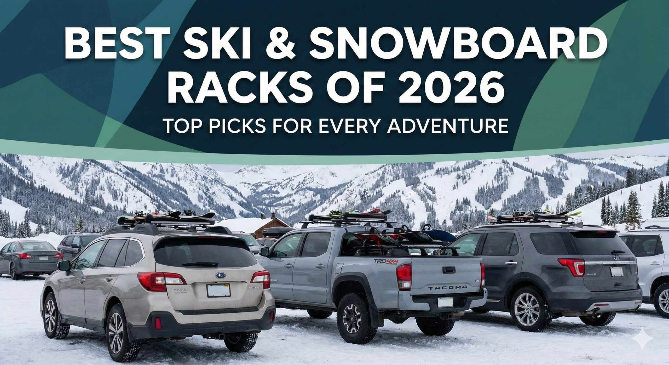 SUV with ski rack driving in winter conditions