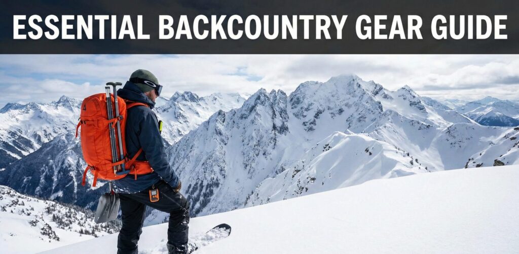 Backcountry snowboarder with avalanche airbag, beacon, probe and shovel in alpine terrain