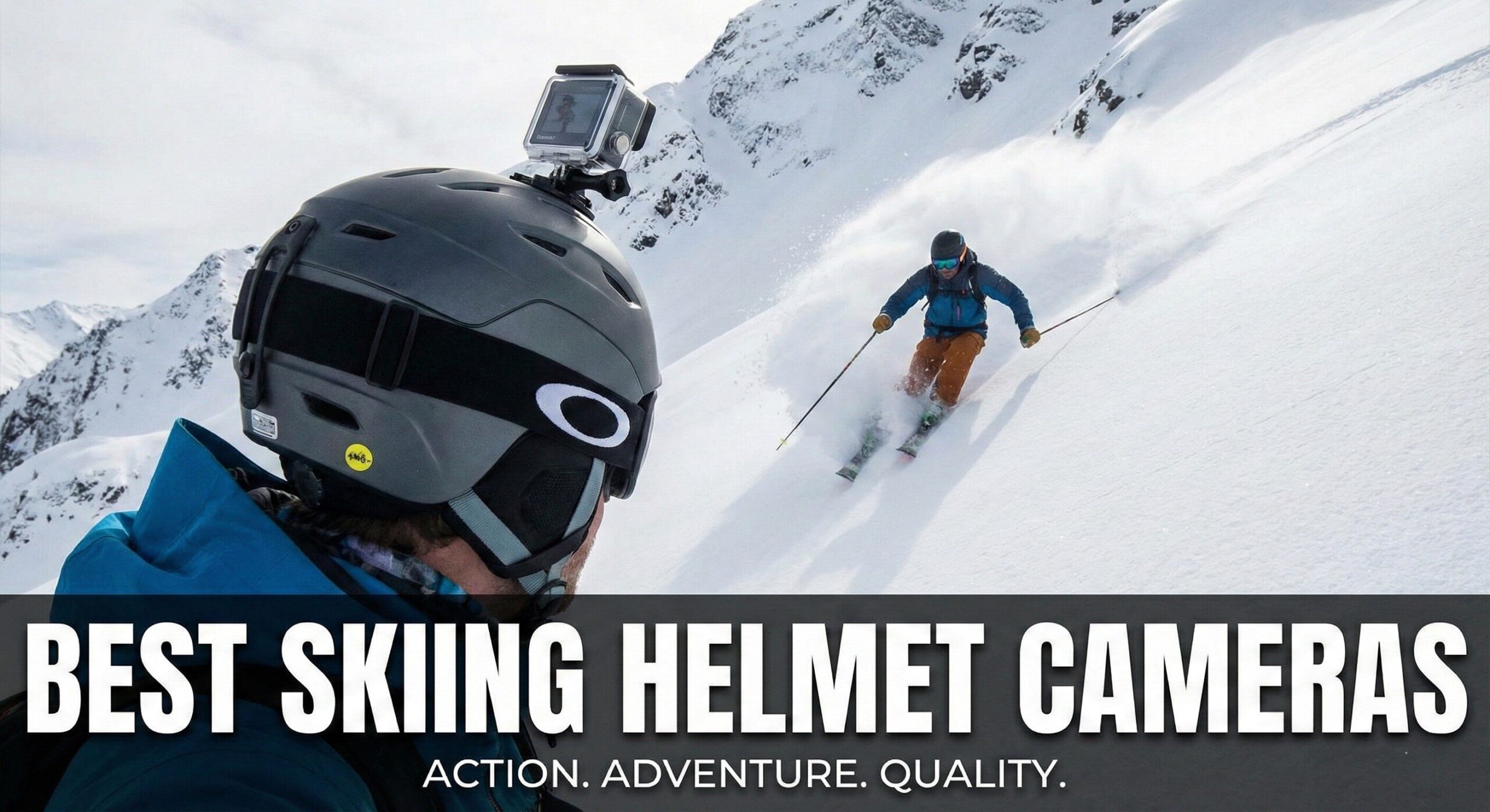 Skier with a helmet mounted camera carving through powder