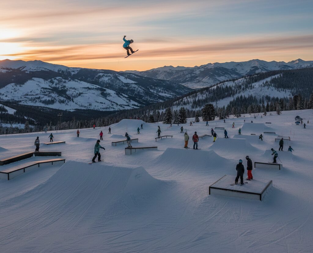 Brighton Resort terrain park with riders and mountain backdrop