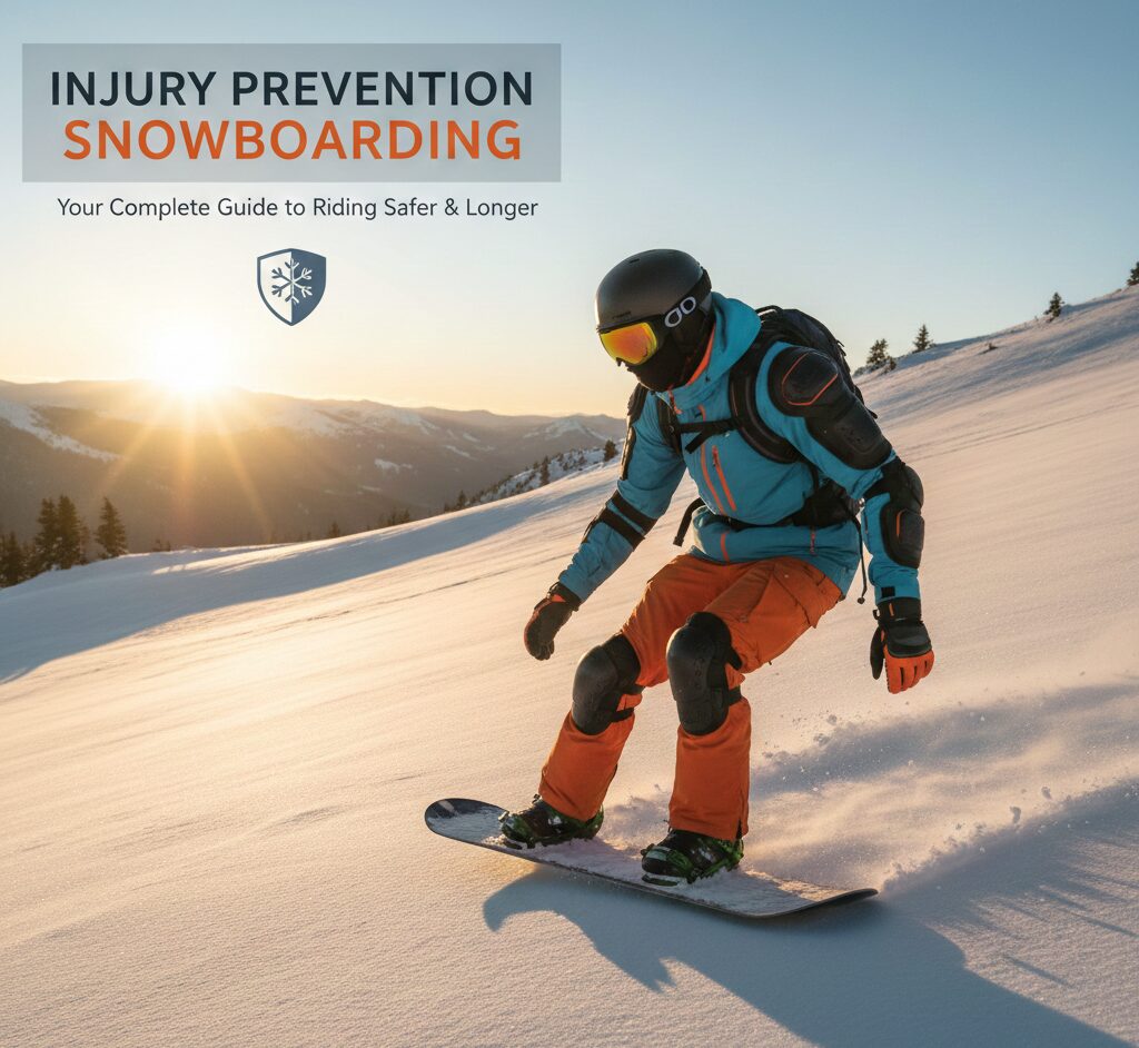 Snowboarder wearing full protective gear including helmet and padding, riding confidently