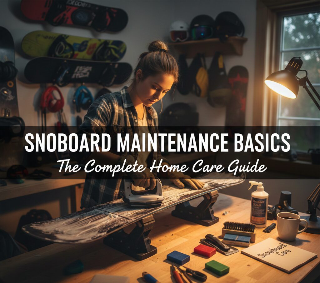 Close-up of snowboard maintenance tools on a workbench with a board being waxed