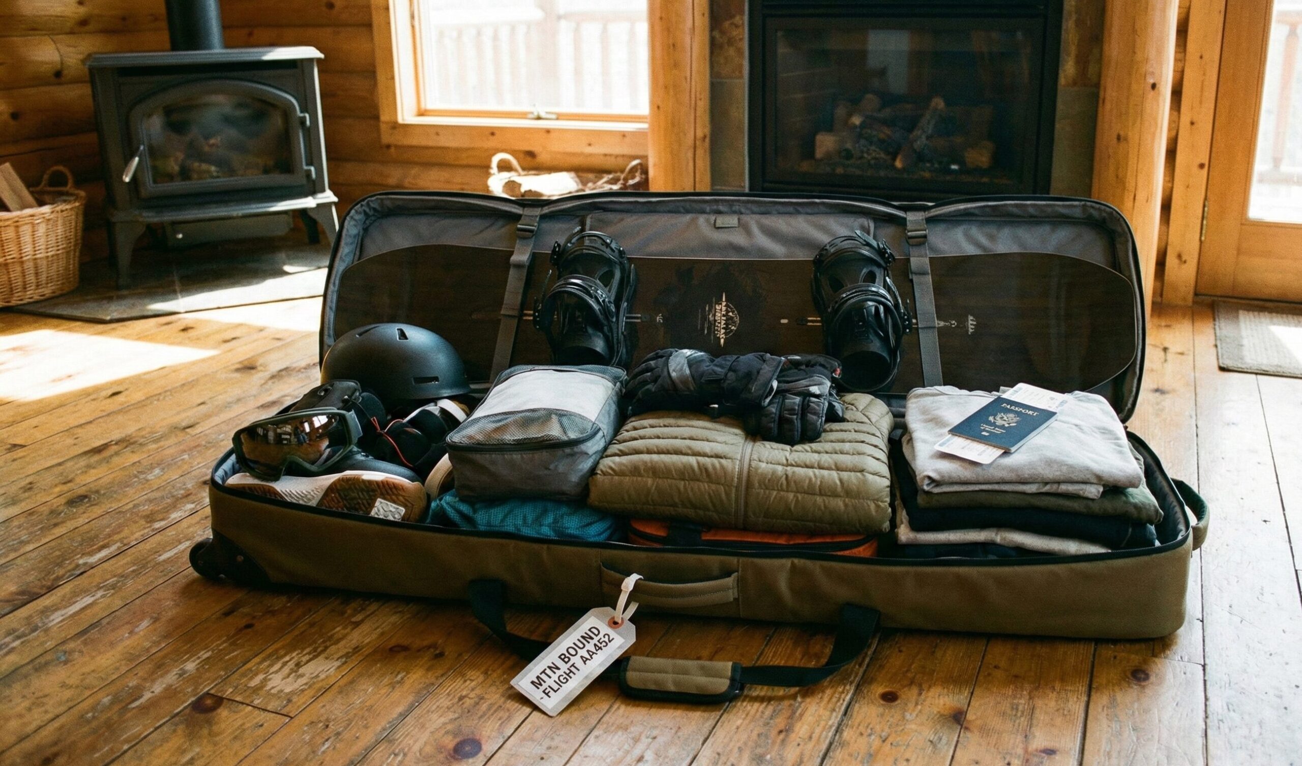 Fully packed snowboard travel bag with board, boots, helmet, and winter gear organized for flight