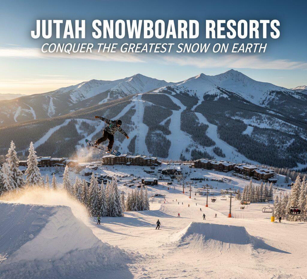 Snowboarder carving through fresh powder on a steep Utah mountainside