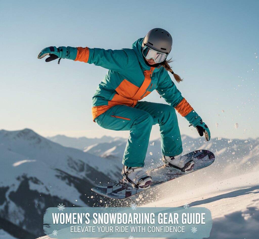 Confident woman snowboarder carving down a mountain with gear